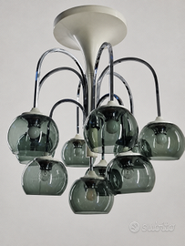 Lampadario Anni 70 10 Luci Cromo Vetro Fumé