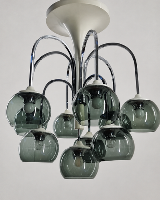 Lampadario Anni 70 10 Luci Cromo Vetro Fumé