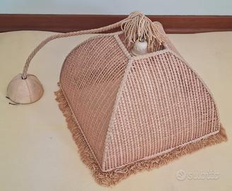 Lampadario a sospensione in vimini rosa anni 80