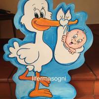 Fiocco nascita in legno cicogna