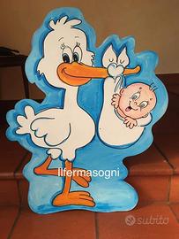 Fiocco nascita in legno cicogna