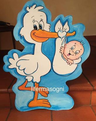 Fiocco nascita in legno cicogna