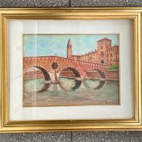 Olio su cartone "ponte Pietra" di G.Zanchi