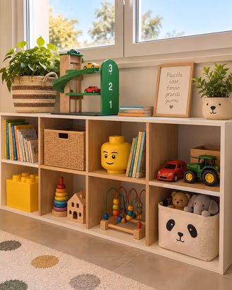 Libreria bassa 8 vani bianca ed effetto legno – ca