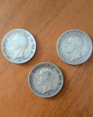 3 monete 5 Lire Argento Emanuele III 1926/1927