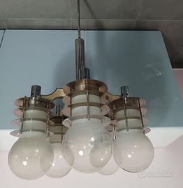 Lampadario Design anni 70 Vetro Opalino e Metallo