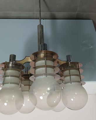 Lampadario Design anni 70 Vetro Opalino e Metallo