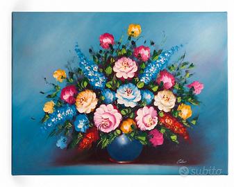 Bouquet variopinto vaso blu - olio tela 50x70