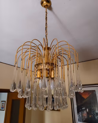 Coppia lampadari vintage oro con gocce in vetro 