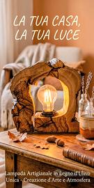 Lampada artigianale in legno di ulivo e luce calda