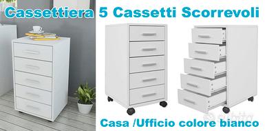 Cassettiera da Ufficio , Rotelle 5 Cassetti Bianca