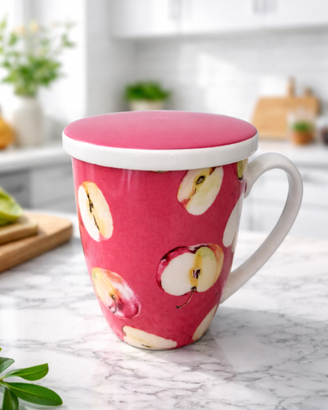 Tazza in ceramica rosa con decorazione mele
