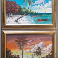 Quadri Naif Caraibi Spiaggia + Pescatore Tramonto