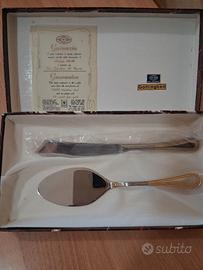 set da dolce ,coltello e paletta,acciaio e oro 24k