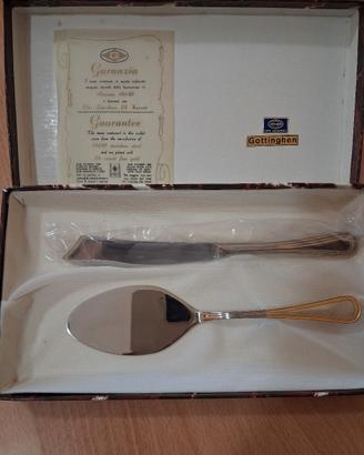 set da dolce ,coltello e paletta,acciaio e oro 24k