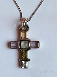 Collana vintage in argento e croce pietre preziose