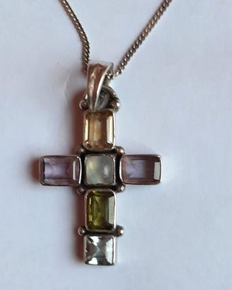 Collana vintage in argento e croce pietre preziose