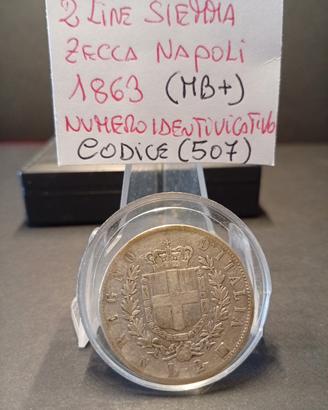 2 lire Stemma Napoli 1863 in (MB+).