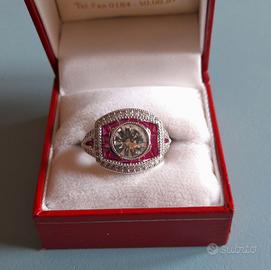 Anello stile Art Déco zirconi rosso rubino bianchi