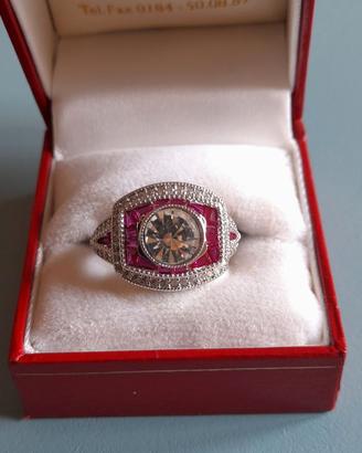 Anello stile Art Déco zirconi rosso rubino bianchi