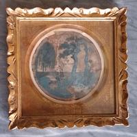 Piccolo paesaggio su carta in cornice dorata, 800