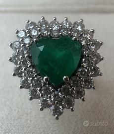 ANELLO CUORE ORO 18kt. DIAMANTI SMERALDO COLOMBIA
