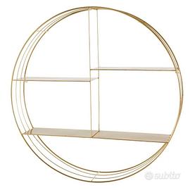 Scaffale design da parete rotondo metallo dorato.