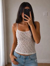 Top in pizzo bianco trasparente fiori tg M