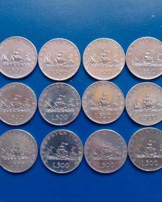 12 splendide monete argento 500 lire caravelle 