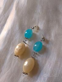 Orecchini vintage Pietre dure Ovali Blu Avorio 