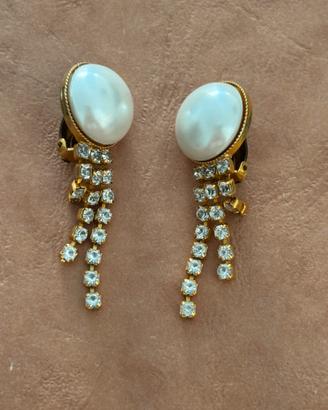 Orecchini vintage a clip dorati con perla e strass