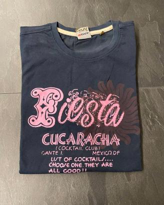 T-shirt da uomo blu scuro con stampa scritta rosa