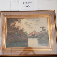 2 quadri di vedute urbane con paesaggio naturale