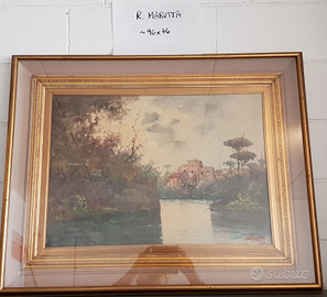 2 quadri di vedute urbane con paesaggio naturale