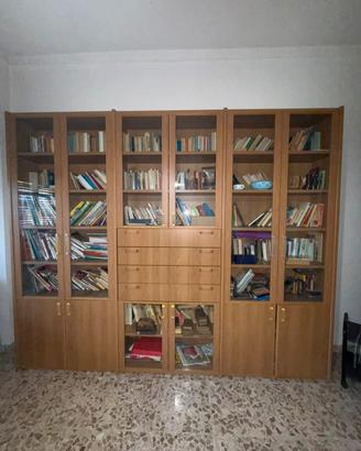 Libreria a parete con vetrine e cassetti