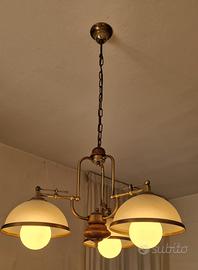 lampadario in ottone,vetro e legno anni 70/80