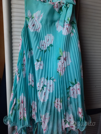 Abito elegante bambina verde tiffany e fiori rosa