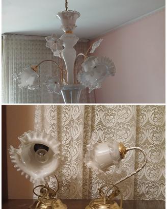 lampadario vintage con coppia lampade da tavolo