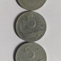 3 Monete Rep. Italiana usate L. 5 anno 1953