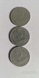 3 Monete Rep. Italiana usate L. 5 anno 1953