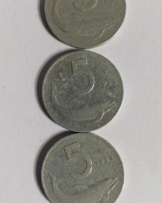 3 Monete Rep. Italiana usate L. 5 anno 1953