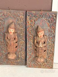 due pannelli antichi Thai in legno intagliato 70cm