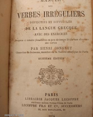 Manuale dei verbi irregolari difettosi Parigi 1874