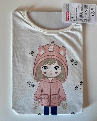 T-shirt bambina bianca stampa unicorno 2-3 anni.