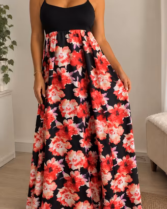 Abito lungo floreale nero e rosso – Taglia L / 44