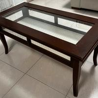 Tavolino da salotto in legno e vetro con ribalta