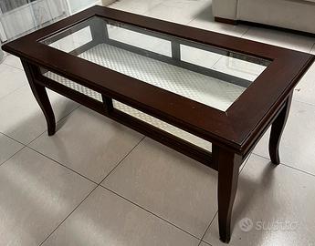 Tavolino da salotto in legno e vetro con ribalta