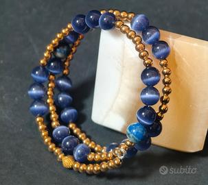 bracciale Memory wire agata blu sfere dorate accia