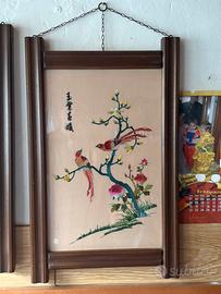 Set 3 Quadri Orientali Vintage ricamati su seta