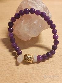Bracciale mala donna Buddha.Ametista e quarzo rosa